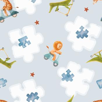 Baumwolljersey Dschungeltiere unterwegs mit Puzzlesteinen auf Hellblau